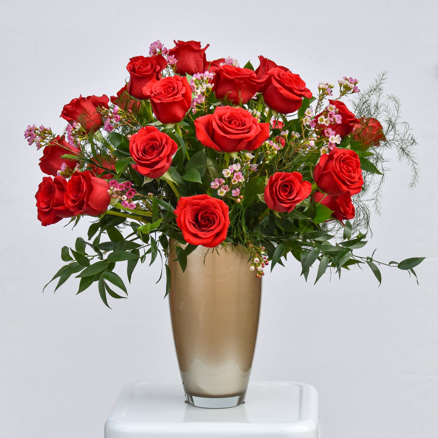 Valentine's Day TWO dozen Red Roses in a Golden Vase