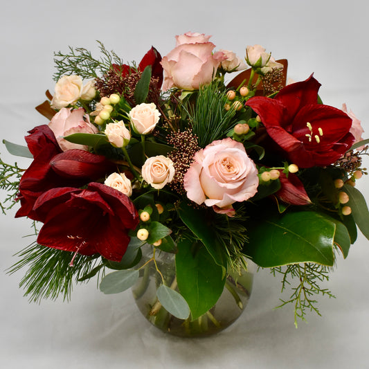 Luxe Amaryllis & Rose Centrepiece - Burgundy & Peach