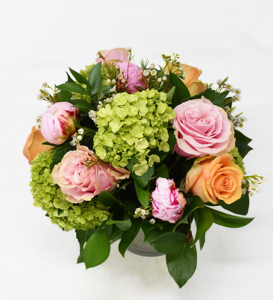 Peony, Rose & Hydrangea Centrepiece - Soft Greens & Pastels