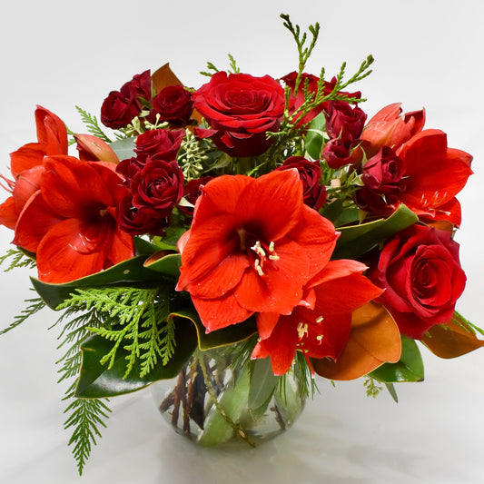 Luxe Amaryllis & Rose Centrepiece - Rich Reds